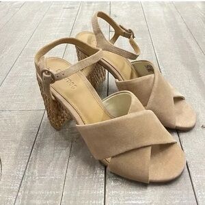 Suede Crisscross Ankle Strap Sandals in Taupe
